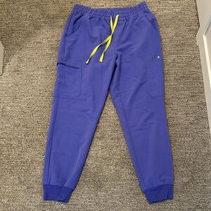 Figs Women's Scrub Jogger Pants in Blue with Neon Yellow Drawstring